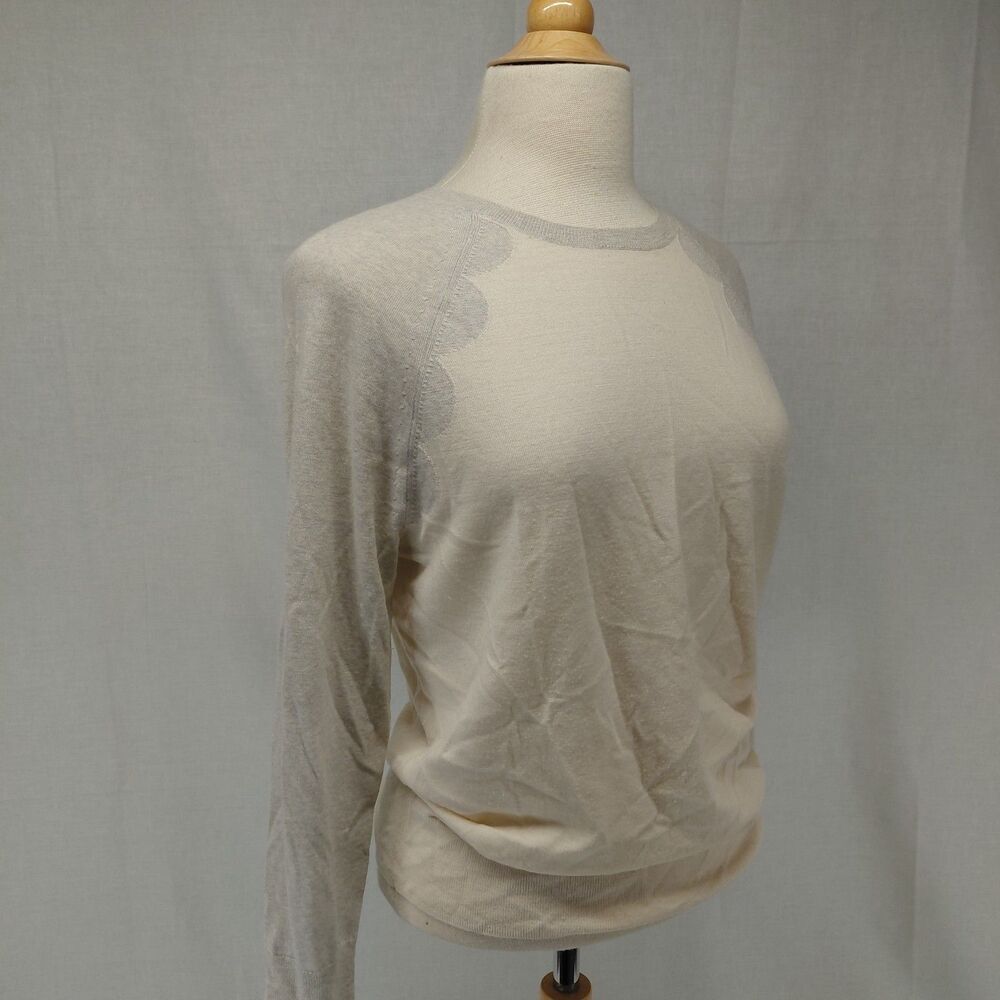 J.Crew Ringer Style LS Crewneck lightweight sweater cream/ gray SZ M - Picture 2 of 8